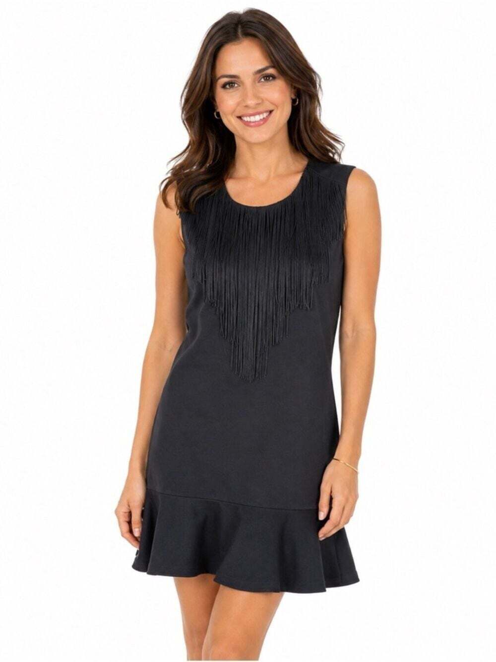BCBGMAXAZRIA Sleeveless Knit Round Neck Fringed Little Black MIDI Dress Size M